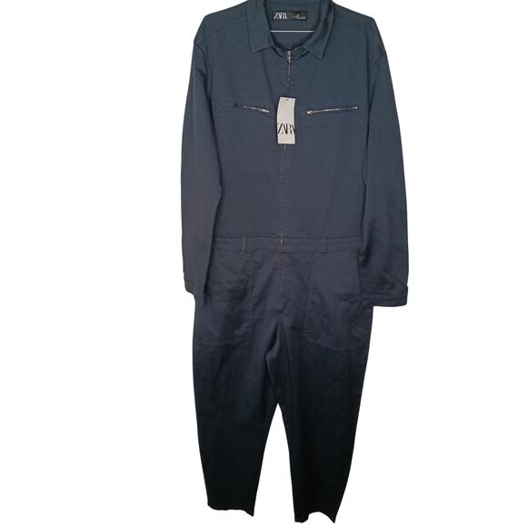 New ZARA Navy Utility Zip Front Jumpsuit XL Long Sleeve One Piece - Picture 2 of 16